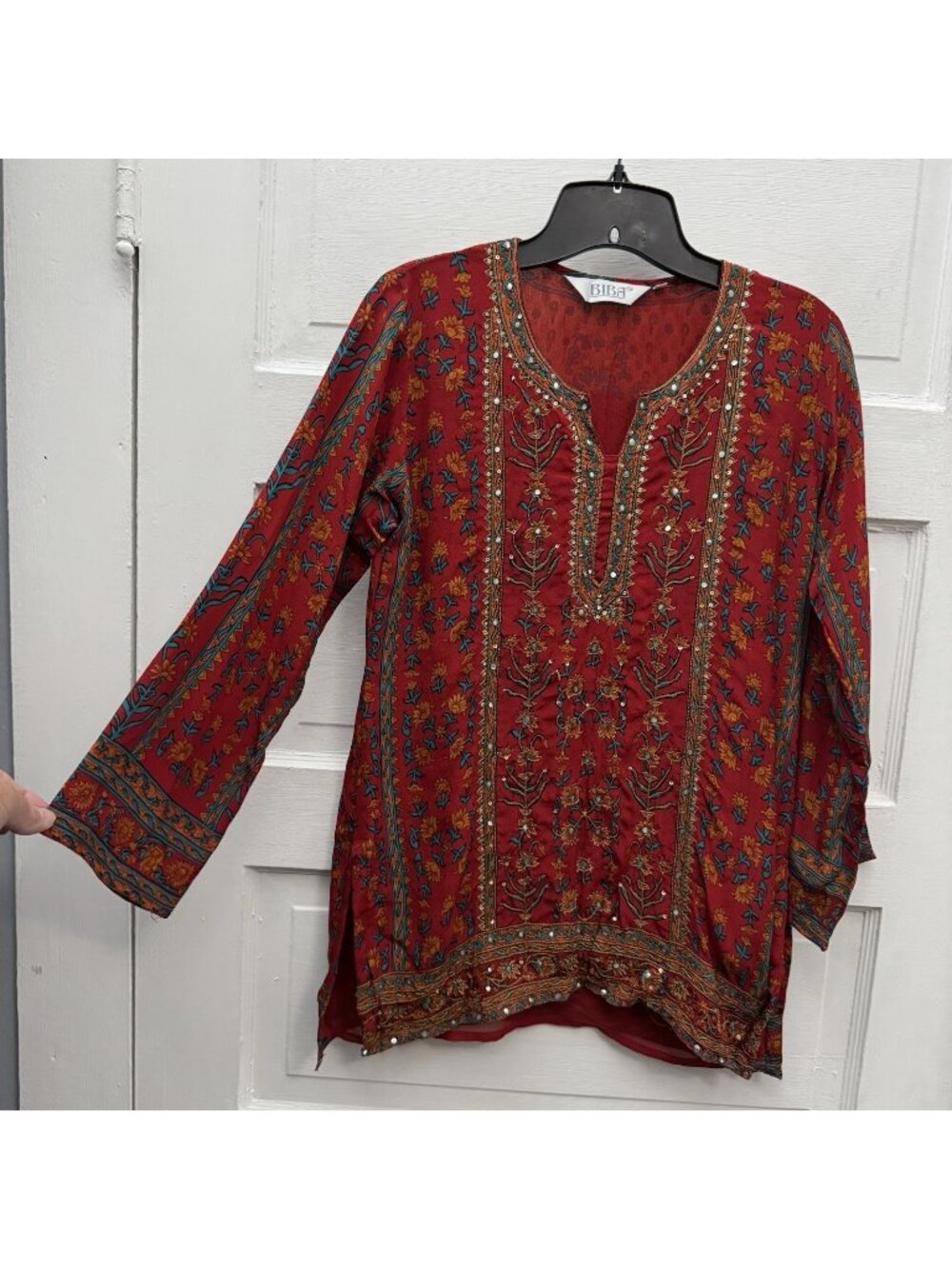 BIBA 100% Pure Silk Embellished Tunic Blouse Women’s India 34 US S Red Boho